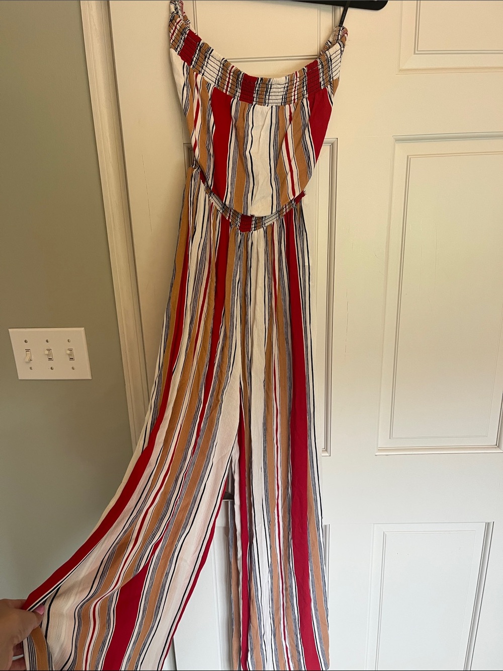 Forever 21 Red, Cream & Tan Striped Wide-Leg Jumpsuit
